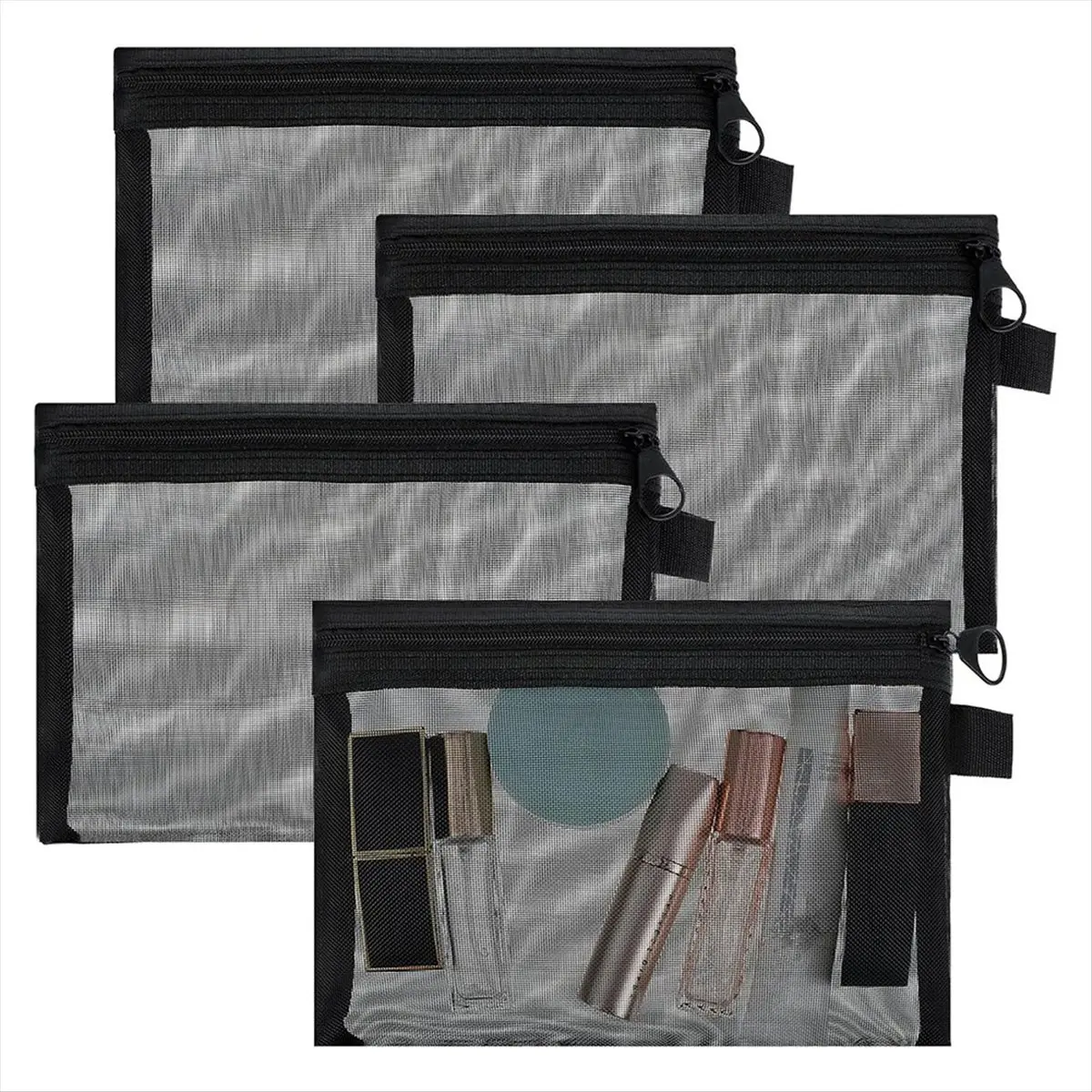 กระเป๋าซิปตาข่ายขนาดเล็ก ABQR 4 ชิ้น, กระเป๋าซิปตาข่าย, กระเป๋าซิปขนาดเล็ก, กระเป๋าซิปไนลอน, กระเป๋าเครื่องสำอางตาข่ายสำหรับใช้ในบ้านและสำนักงาน