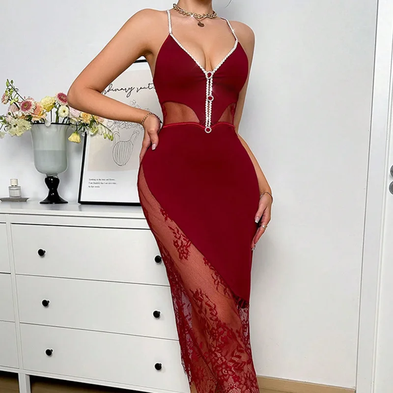 

Women Sleepwear Sexy Wine Red Nightgown Rhinestone V-neck Slip Sleepwear Leisure Nightdress Romantic Elegant Night Dress Pajamas
