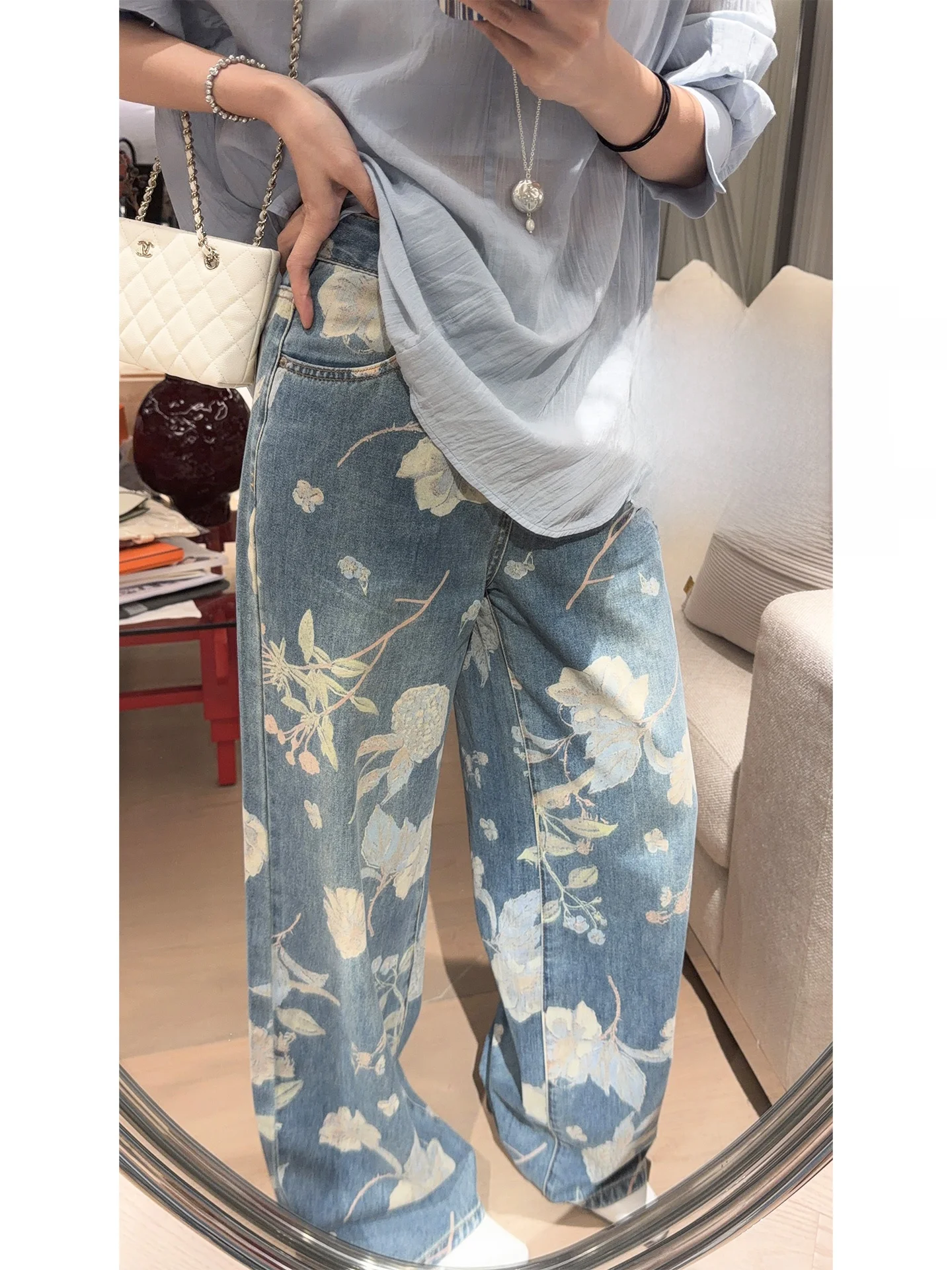 

Meiyang Gold Mine No.2 Wide Leg Jeans Garden Print High Waist Casual Loose Fit Ladies Denim Pants with Pockets Zipper Closure