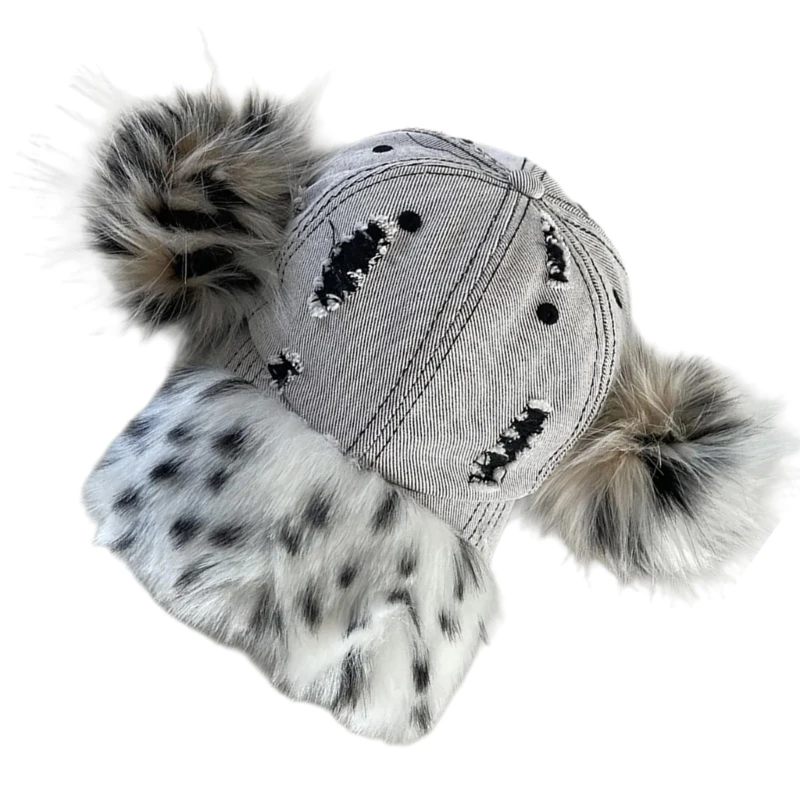 Women Baseball Hat Unique Spotted Headwear Pompoms Lovely Fun Furry Hat for Idol Concert Shows Breathable Hat for Adults