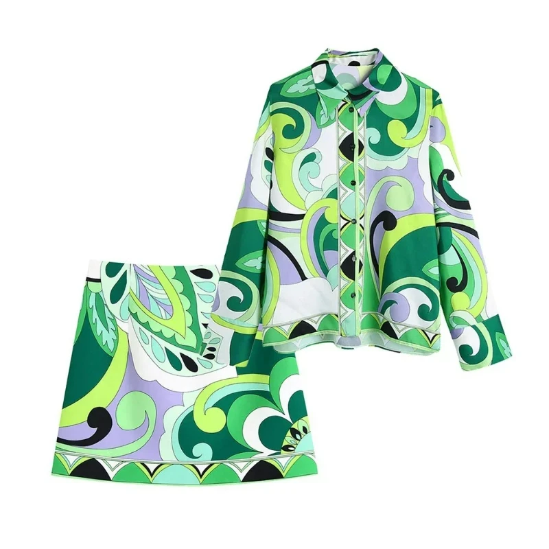 2026 Summer Skirt Sets Women Tops Fashion Long Sleeve Plant Print Flower Shirt High Waist A-line Skirt Boho Beach Sets Y2k Skirt