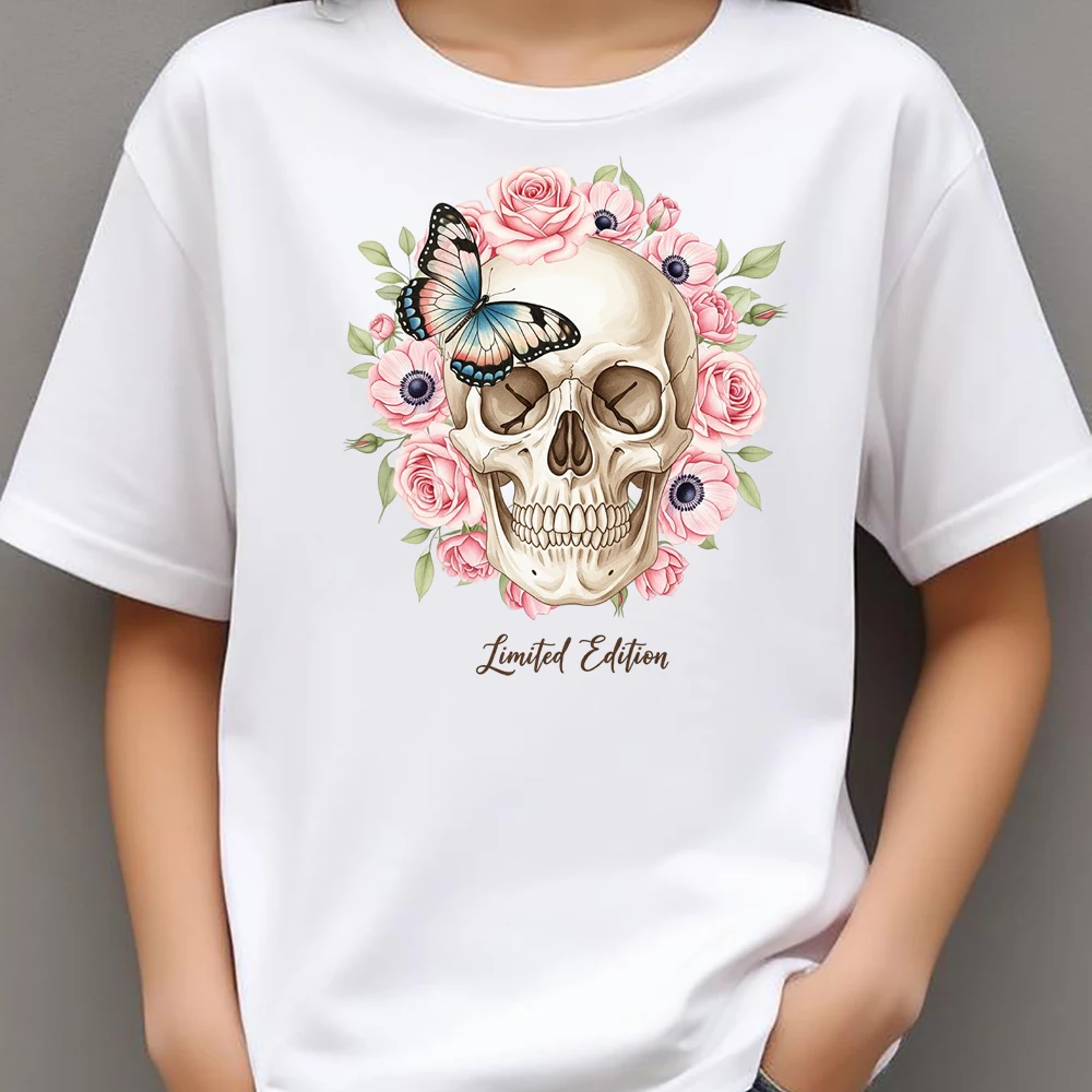 Punk Style Flower Butterfly Skeleton Head Heat Transfer Stickers For Clothes DIY A-Level Washable Shirt Iron-on Thermal Stickers