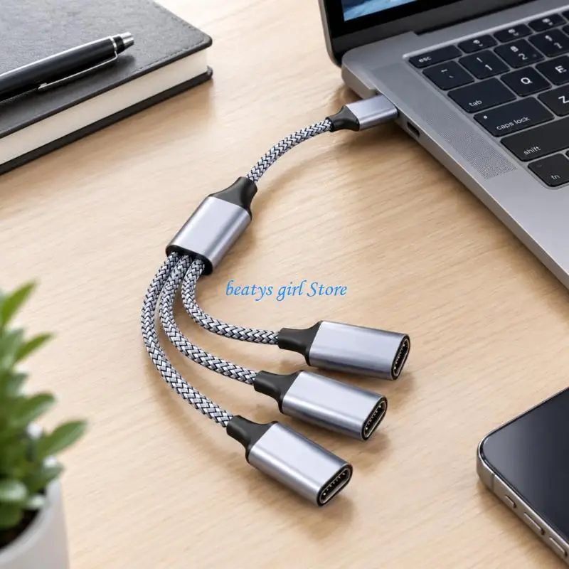 C7AB USB C Splitter Cord with Three Female Receptacles for Laptop Charging and Data, No Reverse Input or Display Output