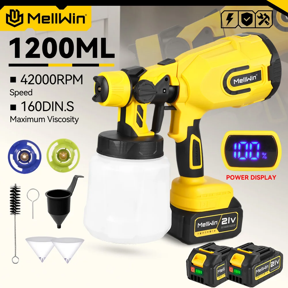 MELLWIN Kabelloser Elektrischer Farbsprüher 1200ML HVLP Tragbare Airless-Spritzpistole 42000 U/min 1500CC/Min Farbsprüher mit Leistungsanzeige für Haus, Auto, Möbel, Stahlbeschichtung für Makita 18V