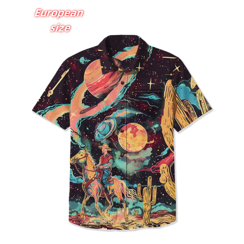 

Starry Sky Cowboy Pattern Hawaiian Shirt For Men Horse Planet 3D Printed Blouse Summer Short Sleeve Lapel Tops Aloha Shirts