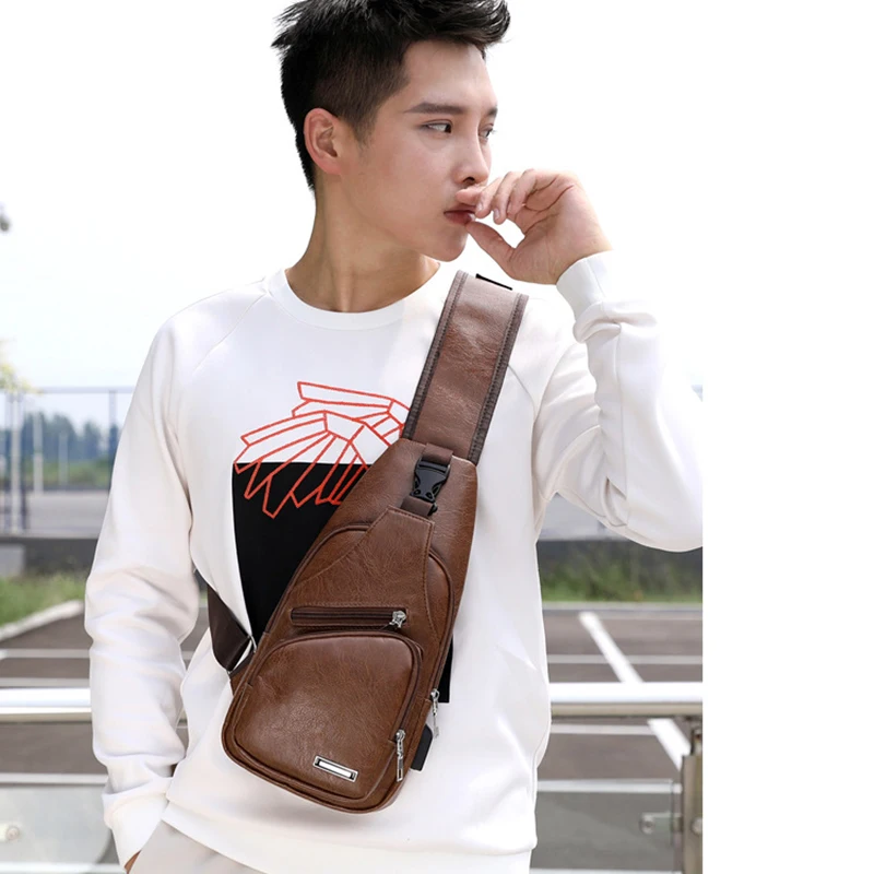 Men's USB Chest Bag Designer Men Messenger Crossbody Package PU Leather Shoulder Bags Package Travel Chest Bag Bolso Hombre