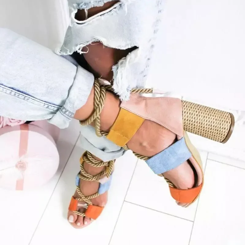 High Heels Women Sandals Hemp Rope Lace Up Summer Shoes Woman Fish Mouth Gladiator Sandals Ladies Pumps Orange Big Size 43