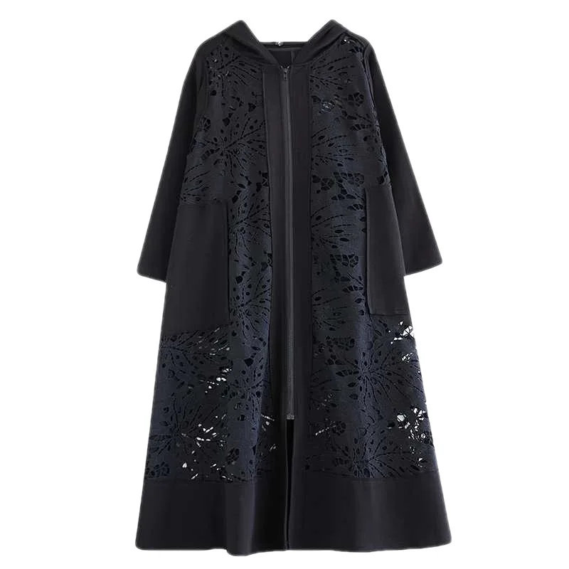 Trench Women Loose Long Coats Hooded Zipper Full Sleeve Jackets Casual Hollow Out Spliced Coat Elegant Autumn Streetwear