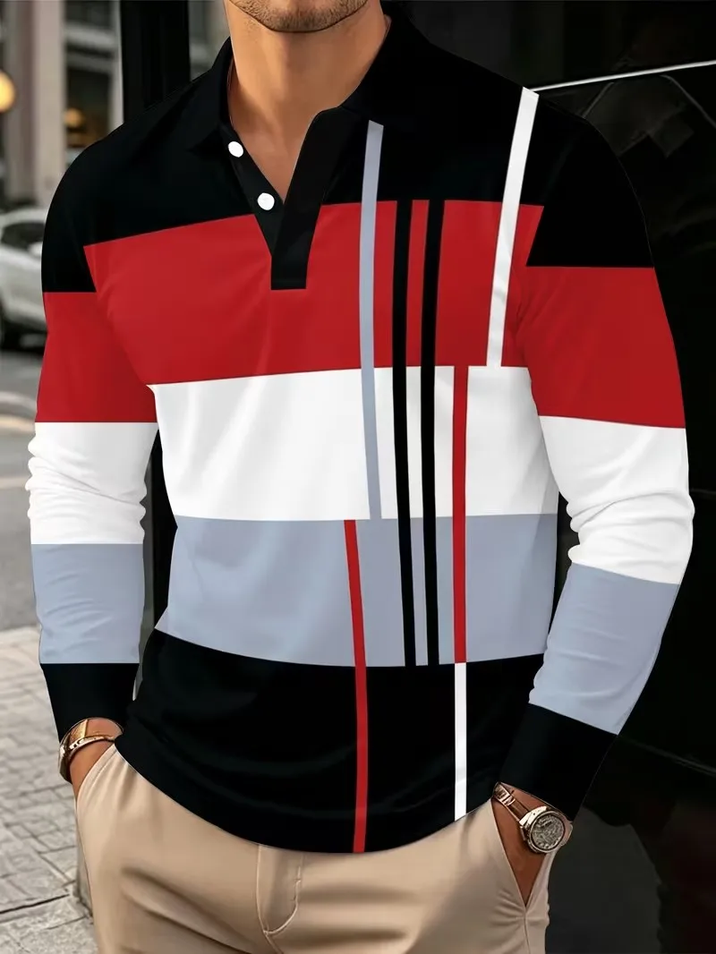 Autumn men's long sleeved fashionable POIO shirt, 3D printed striped flip tie button long sleeved T-shirt, top