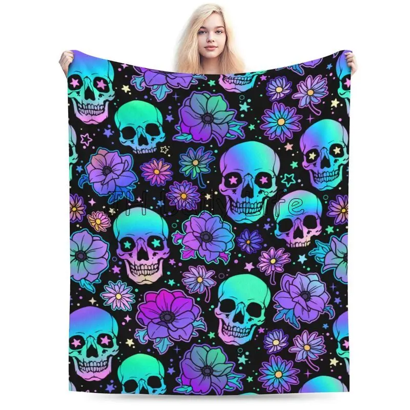 Blue Skulls and Flowers Fleece Blanket for Bed Living Room Sofa Couch Soft Warm Lightweight Cozy Plush Throw Blankets Home Decor