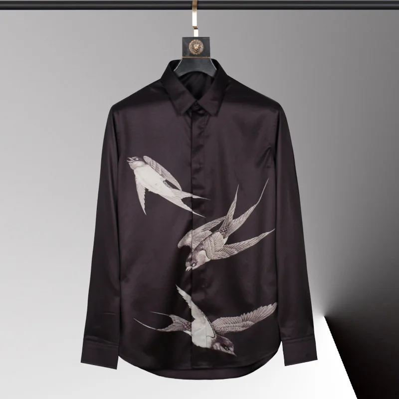 New men's long sleeved non ironing shirt with fashionable fit and positioning printed swallow black plus size shirt