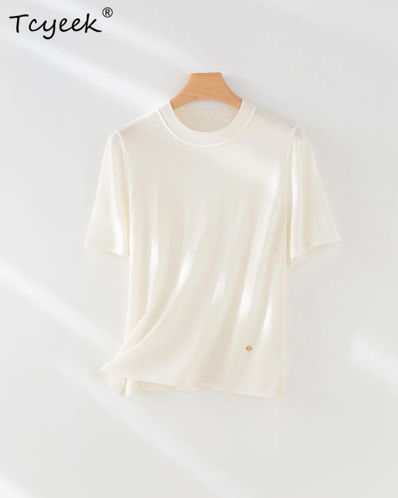 

Tcyeek, 100%Superfine Wool Knitted TShirt, Women Short Sleeve ONeck, Machine Washable OL Thin Top, 2024 Summer Autumn T47909QM