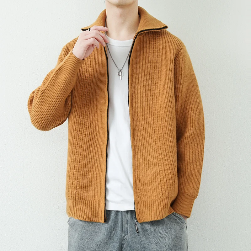 

Мужской повседневный вязаный кардиган однотонного цвета с отложным воротником, свободного кроя, на молнии, для осени и весны