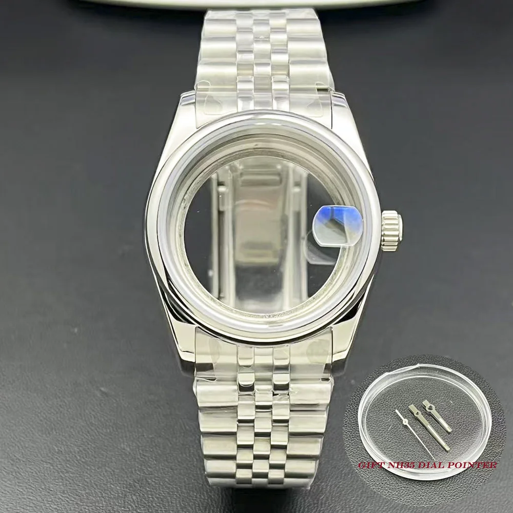 Polished/Textured 36mm 39mm NH35 Sapphire Crystal Watch Case Suitable for NH35 NH36 Silver Case/ Strap