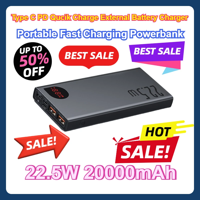 For IPhone 16 22.5W Power Bank 20000mAh Portable Fast Charging Powerbank Type C PD Qucik Charge External Battery Charger