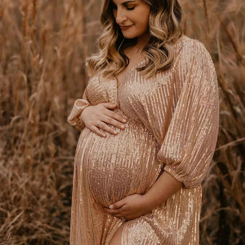 Elegant Sequin Maternity Photography Props Dress Boho V-neck Maternity Photo Shoot Dress Pregnant Woman Clothes For Photography