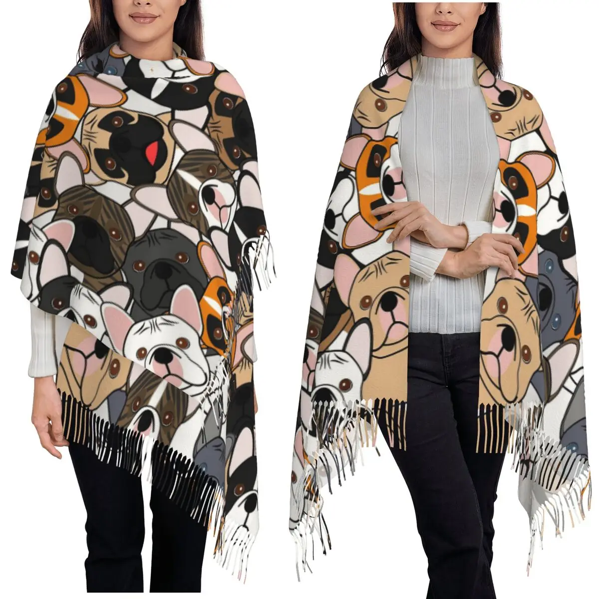 

Французский отряд, шарф с французским бульдогом, шарфы с кисточками, женские мягкие теплые шали и накидки, длинная осенне-зимняя шаль