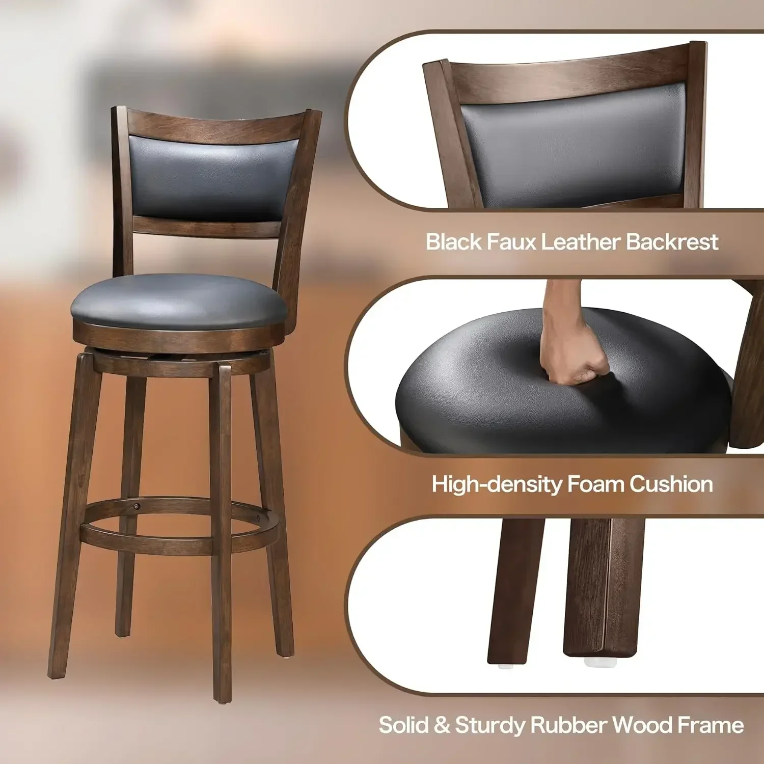 30" Bar Height Stools Set of 4 - High Back Swivel Barstools  Solid Wood Footrest, Counter Bar Stool for Kitchen Island & Pub