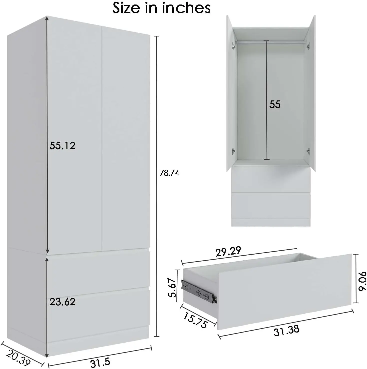 Armoire Wardrobe Closet With 2 Drawers & 2 Door, Armoires And Wardrobe With Hanging Rod, Wardrobe Cabinet For Bedroom, White