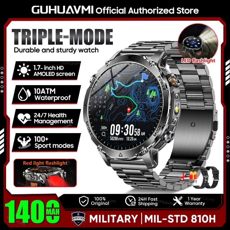 2026 Neue TANK Ultra 1400mAh Batterie Militär-Smartwatch 10ATM Wasserdicht Herzfrequenz Taktische LED-Taschenlampe Herren Sportarmband