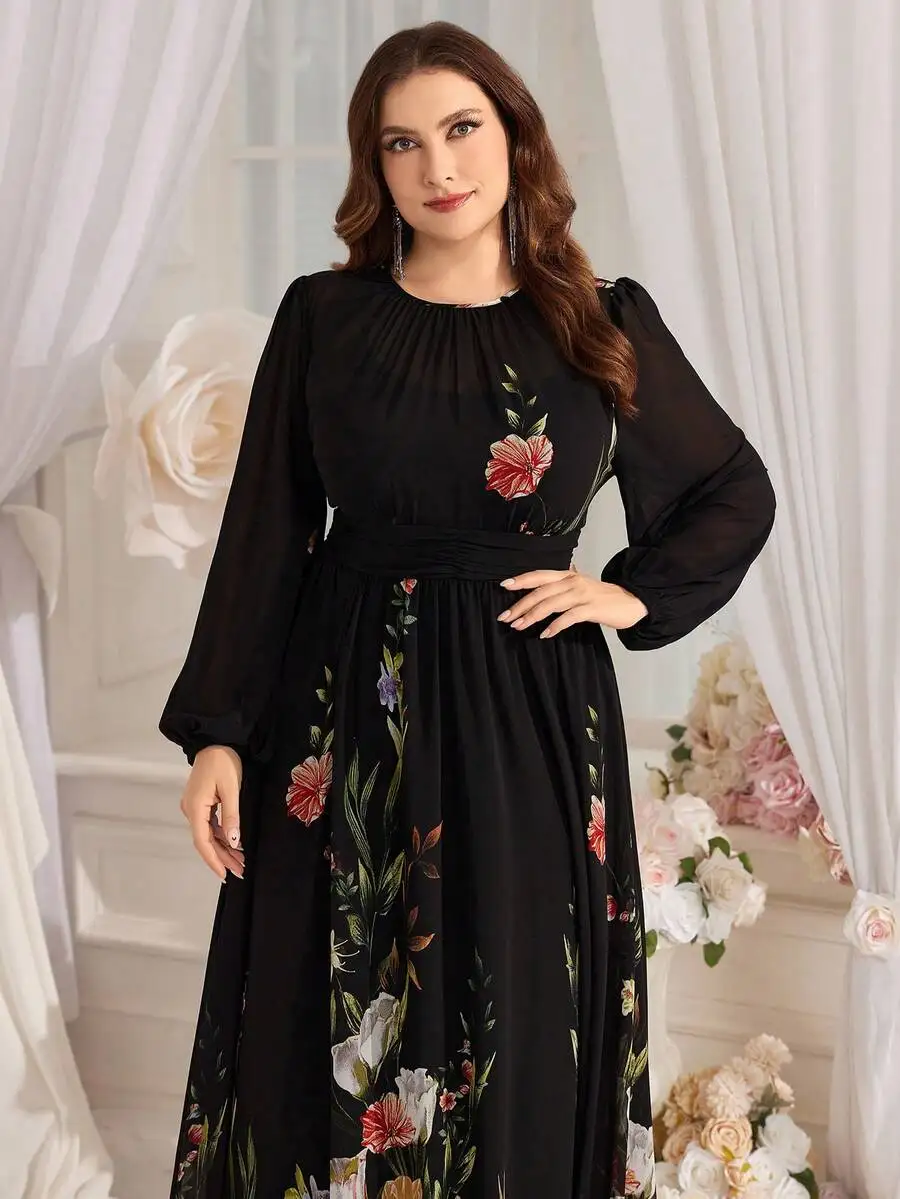 

Plus Size Floral Print Lantern Sleeve Dress Black Elegant Spring Vacation