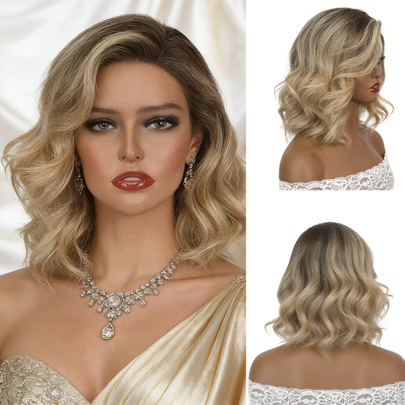 

Синтетический парик Lady Ombre Wave 11,8 дюймов, короткий блестящий многослойный парик с боковой челкой, светло-коричневый с темным оттенком на верхней части