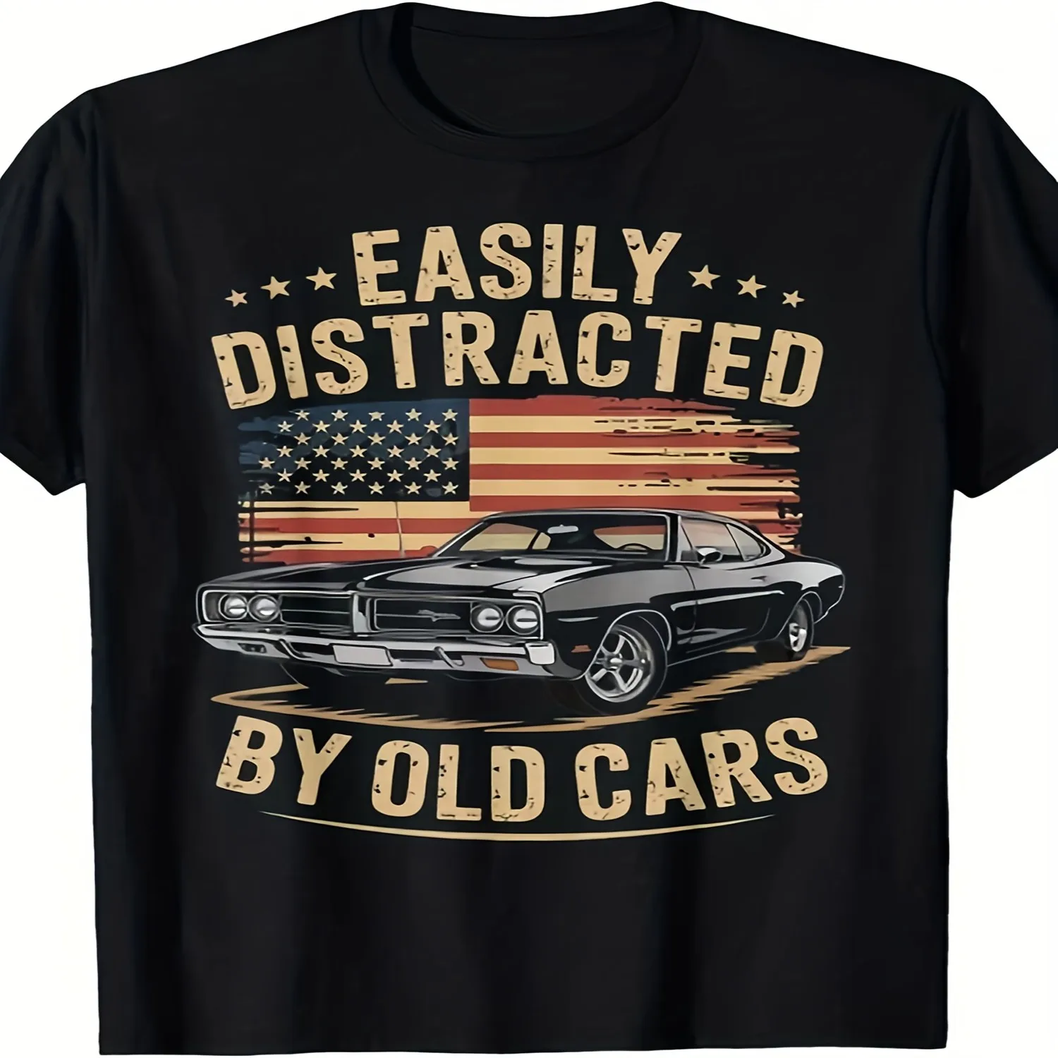 Easily Distracted By Old Cars Classic Car Guy Funny Vintage _ Unisex T-Shirt, Crew Neck, All-season, 2025 Summer, Short-Sleeved, Printed, Pure 220G, Slight Stretch, Regular Fit Unisex T Shirt Gift For Her