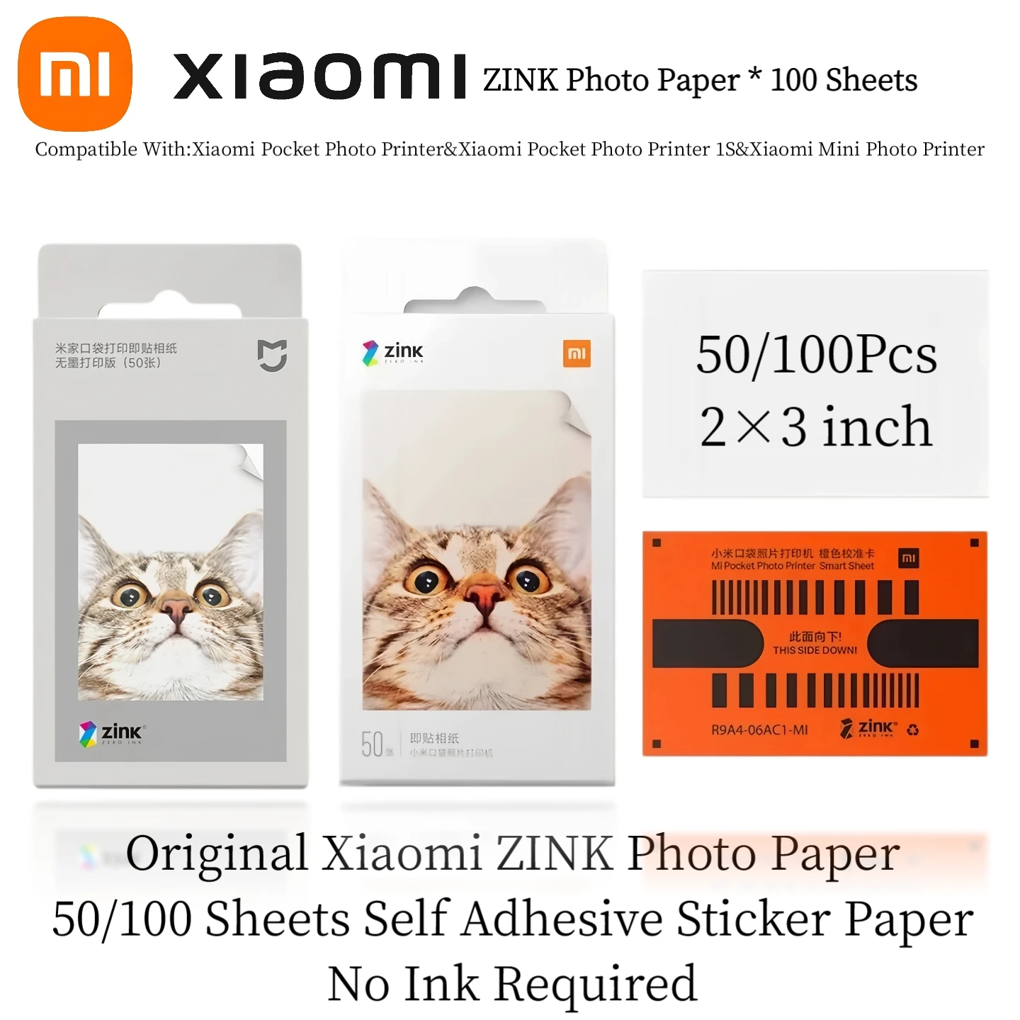 100枚入り-zink-写真用紙、xiaomi-ポケットフォトプリンター用、ミニインスタントフォトプリンター用、再充填用紙、粘着シール付き