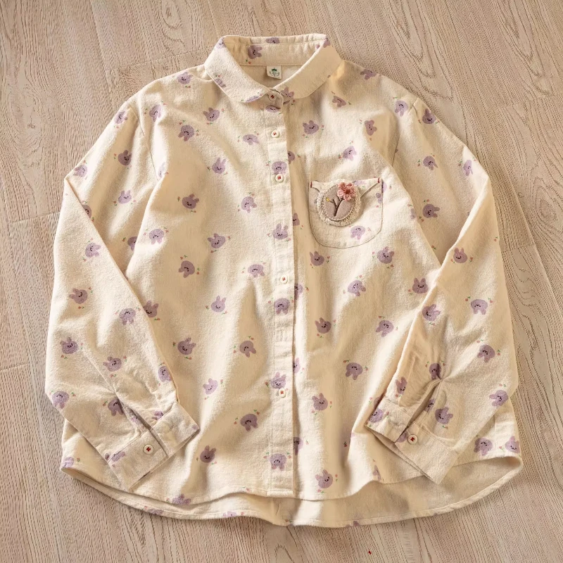 2026 Mori girl Japan style winter cartoon bunny print purple shirts and blouses brushed cotton thicken long sleeve shirts