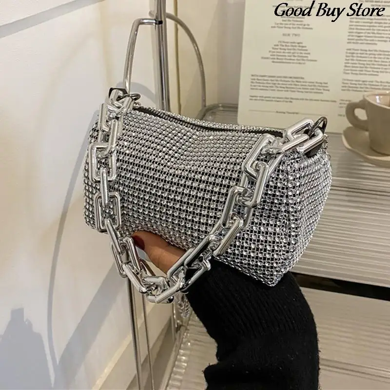 Women Bling Shoulder Bags Rhinestone Evening Handle Clutch Silver Chains Bag Evening Wedding Luxury Wallets Crystal Handbags