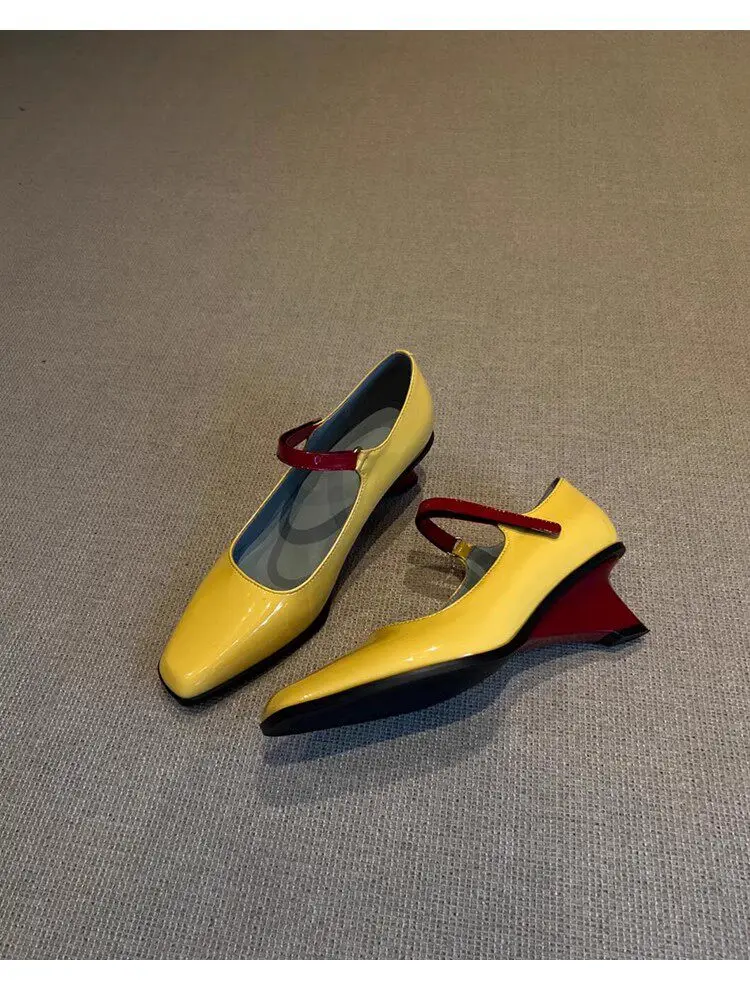 Vintage Women's Square Toe Wedge Mary Jane Shoes Red Straps Color Block Strange Heel High Heel Pumps Elegant Office Single Shoes