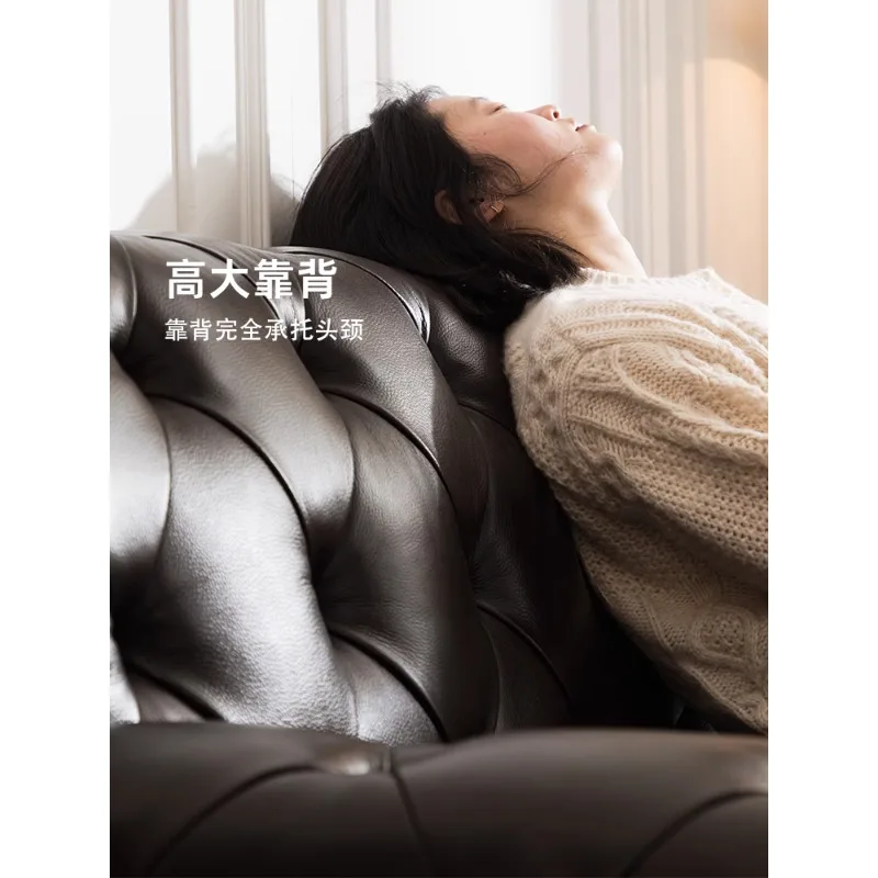 أريكة أمريكية من الجلد لغرفة المعيشة بثلاثة أثاث فردي بإبزيم كلاسيكي