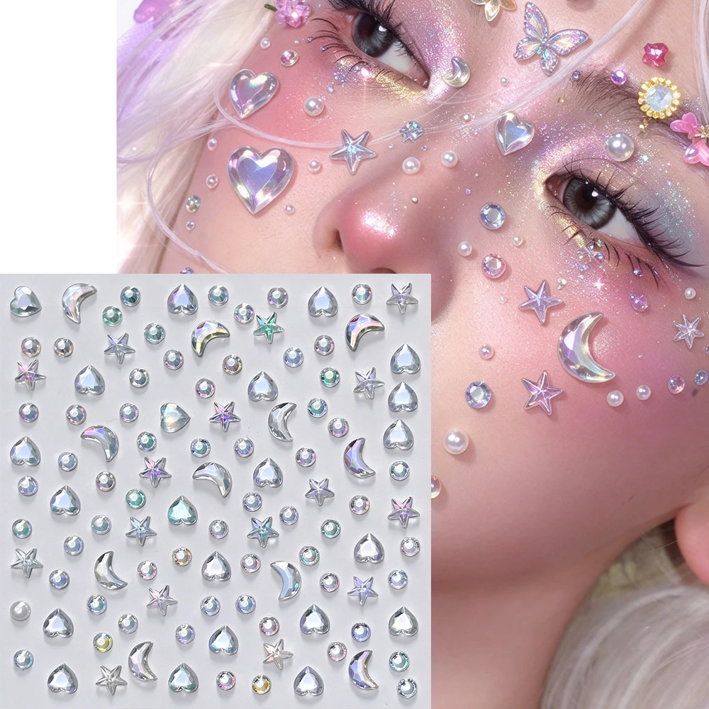 Moon Star Heart Face Gem Stickers Sparkling 3D Iridescent Rhinestone Self Adhesive Face Jewels Faces Eye Makeup Stickers Decora