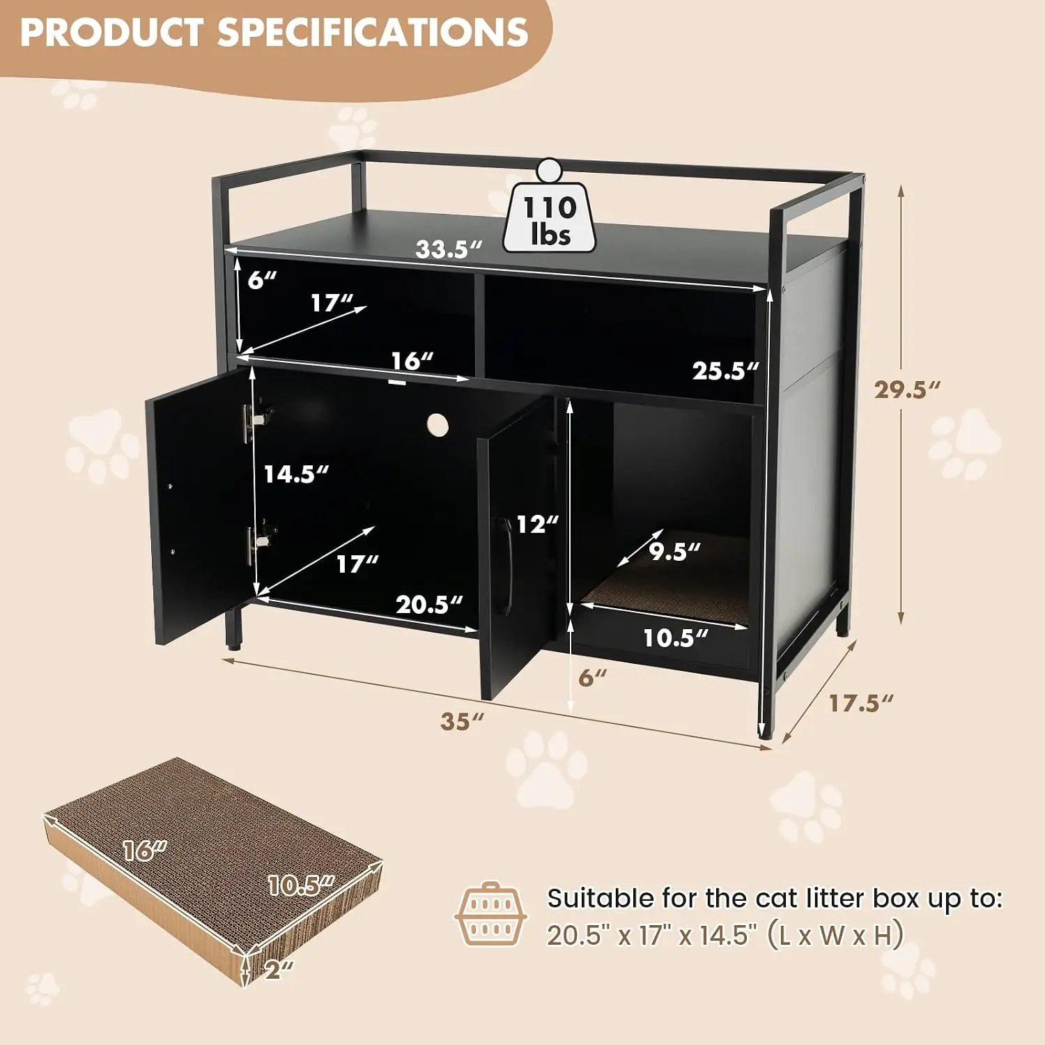 Cat Litter Box Enclosure, Hidden Cat Cabinet Furniture, Dog-Proof