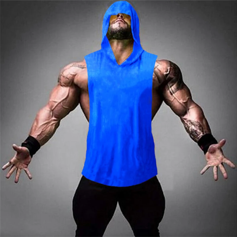 Men Hooded Stringer Tank Top Cotton Breathable Sleeveless Vest For Bodybuilding Gym Running Workout Summer Fitness Sports Wear