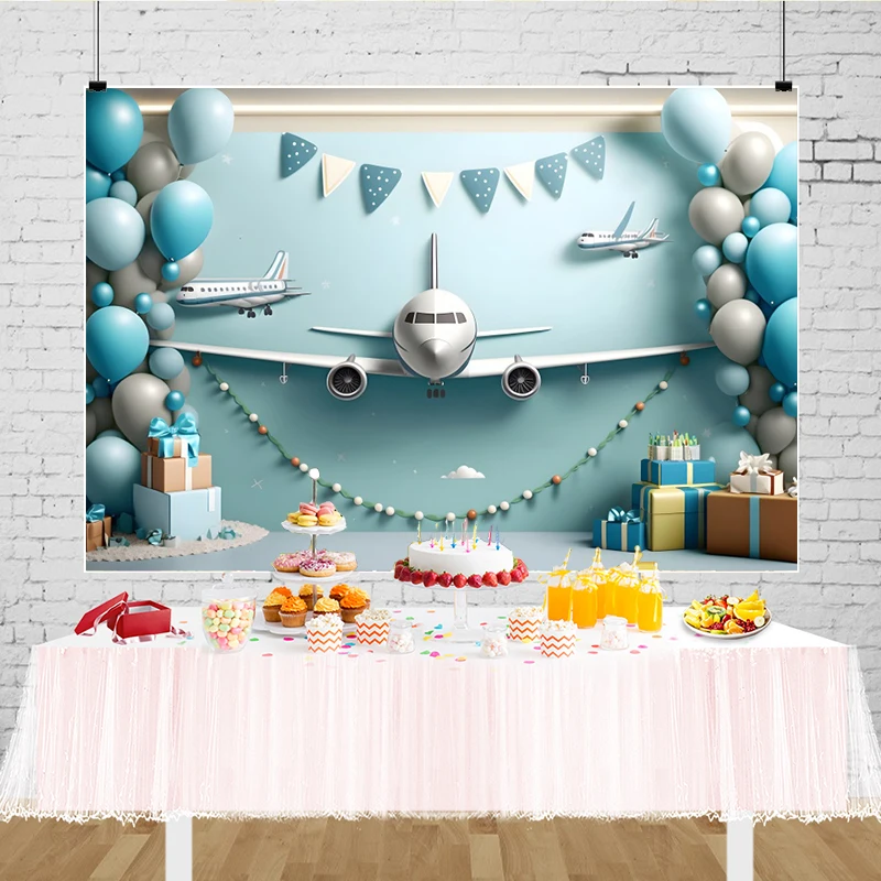 Plane Background for Photography Airplane Birthday Party Decorations Blue 1 Year Old Baby Boy Photozone Portrait Photo Backdrop