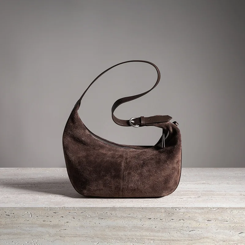 

New 2025 Winter Russia Style Camel Deep Red Armpit Underarm Shoulder Bag Matting Suede Cow Leather Female Crossbody Bag