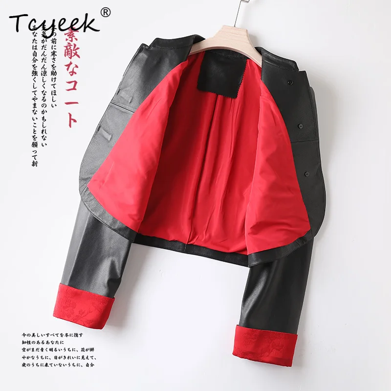 Tcyeek Strato superiore di pelle di pecora Primavera Autunno Nuovo stile cinese Colletto rialzato Giacca di pelle da donna nera Ж Dön yisжаха Куртка