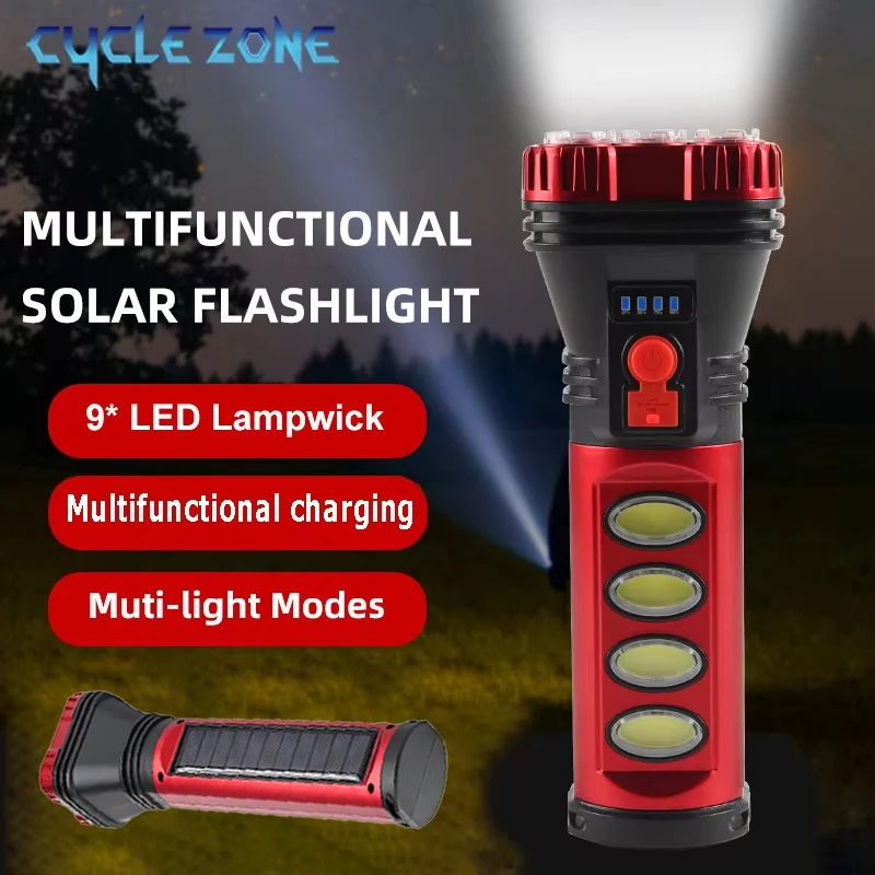 

Multi-function Solar Rechargeable Flashlights 9 LED Camping Torch with COB Side Light Portable Work Light Outdoor Equipment