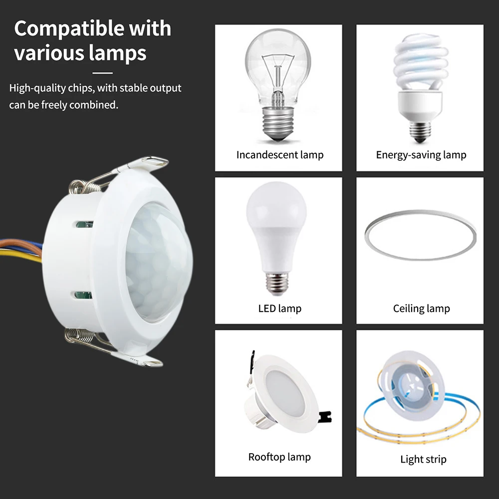 AC 85-265V Recessed Human Motion Sensor Switch Infrared PIR Sensor with Adjustable Time Delay, Dimming, and Light-Level Control