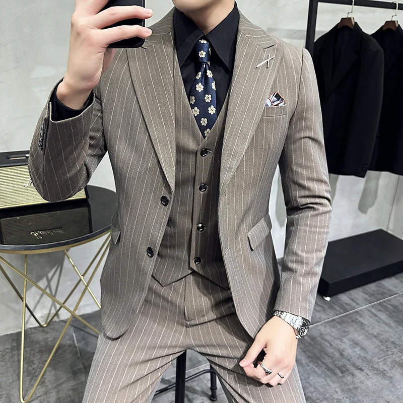 

C95838 Double-button striped suit for men, wedding groom and groomsmen dress, Korean style, slim casual small suit jacket