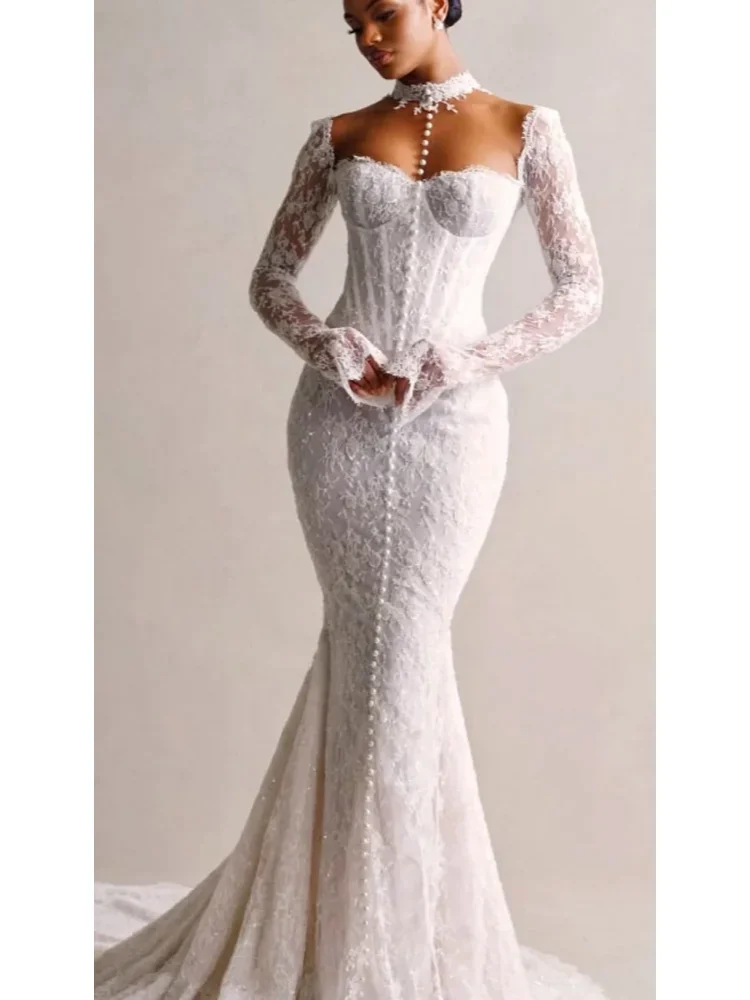

Customized African Women's Mermaid Wedding Dress With High Neck Long Sleeve Lace Embroidered Pearl Decoration Vestido De Noiva