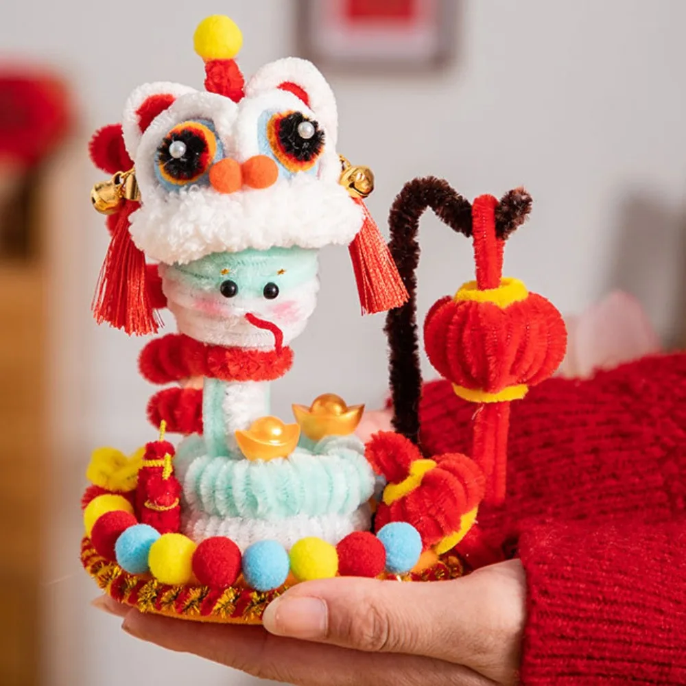 Kids DIY Lion Dance Toy Twist Wire Stick Handmade Plush New Year Craft Chinese Zodiac Snake Decor Lantern Pendant Decorative