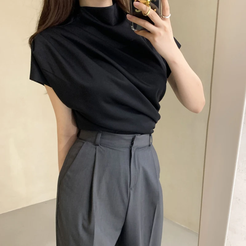 

Ele Semi-High Collar ort Sve irt Women's Design Sense Pleated Slimming Top Summer Korean Sle Commute Pure Color