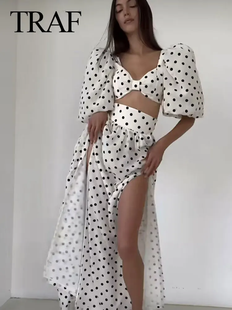 TRAF 2024 Women Elegant Skirt Suit Polka Dots Printed Cropped Short Sleeves Square Neck Top High Waist Slit Skirt Gentle Set