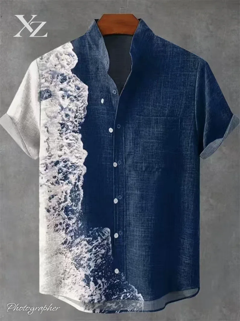 Men's Short Sleeved Linen Shirt with Ethnic Retro 3D Printed Sunlight Trees Illustrations Casual