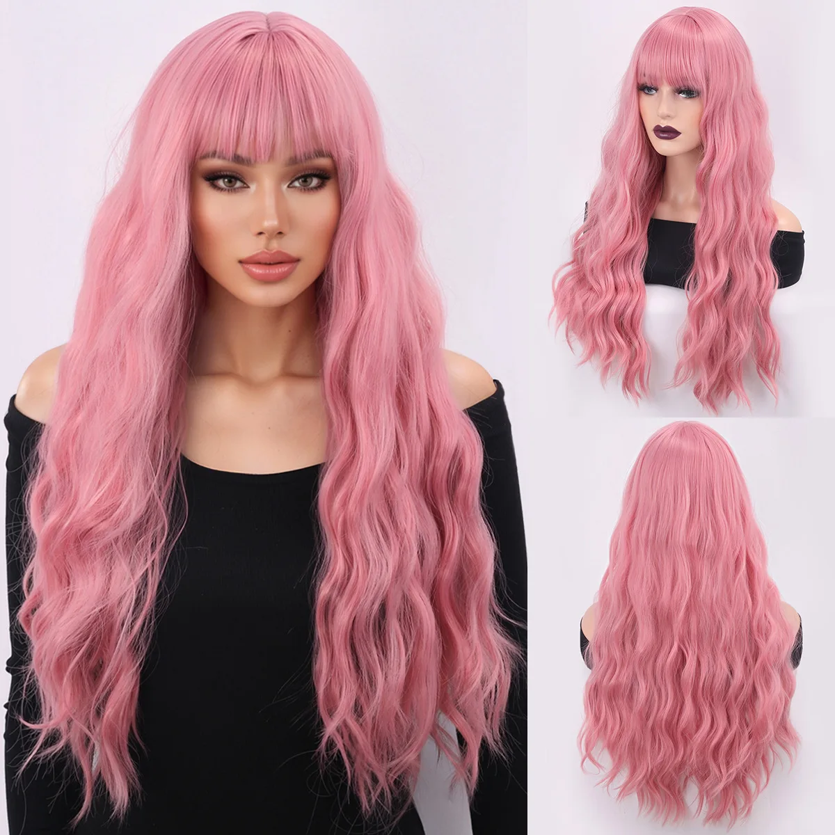 Cross border European and American wig, long curly hair, pink water ripple, mid split women's headband
