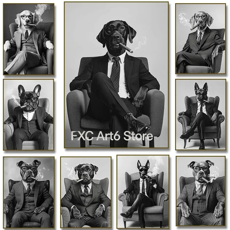 1 cuadro sin marco de perro con traje fumando un cigarro, pintura en lienzo, arte de pared en blanco y negro, póster de Labrador, Pastor Alemán, Bulldog Francés
