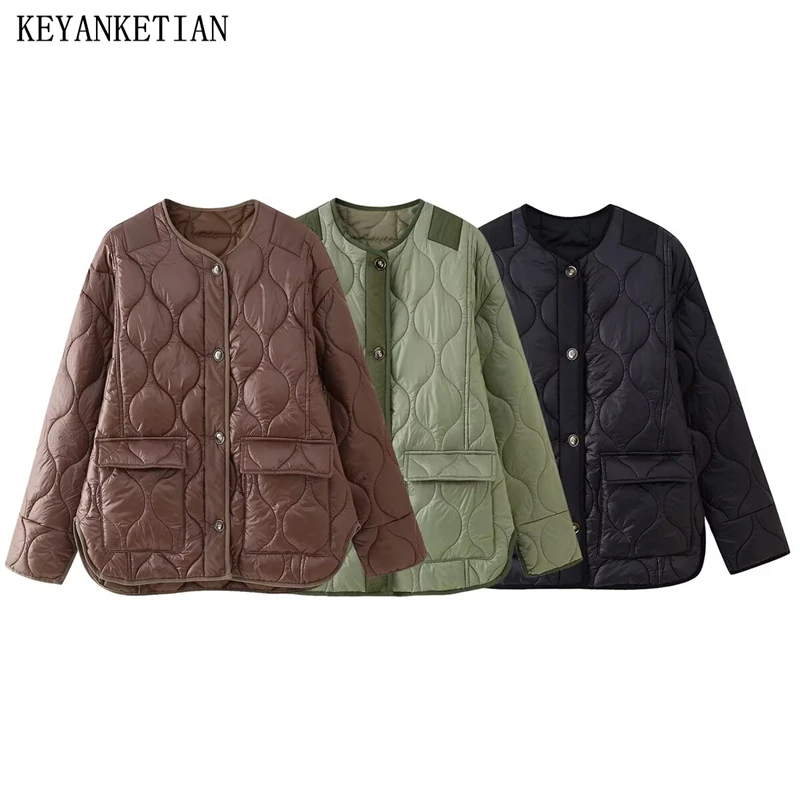 KEYANKETIAN 2025 Spring New Women's Wavy Quilted Outwear Jacket Leisure style O-Neck Single Breasted Loose Flap Pockets Blazer