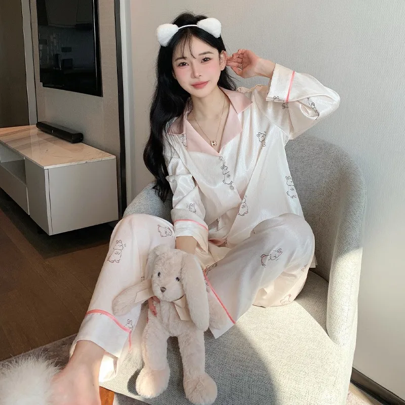 Spring or Summer Smooth and Soft Underwear Ice Silk Pajamas Women's New Long-sleeved Trousers Sweet Loungewear Set age reduction